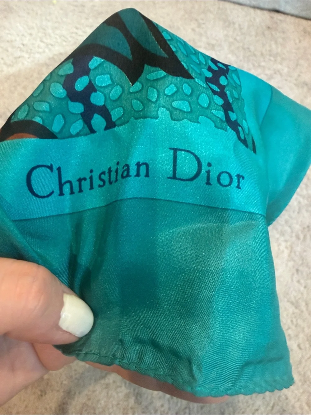 Dior Turquoise Floral Silk Scarf with Coral and Brown Accents Vintage 100% Silk